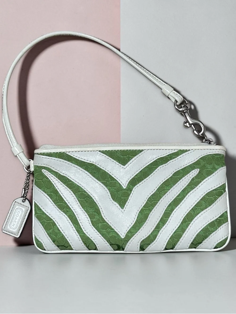 COACH Zebra Stripe Leather on Lime Green Mini Signature C Jacquard Wristlet
